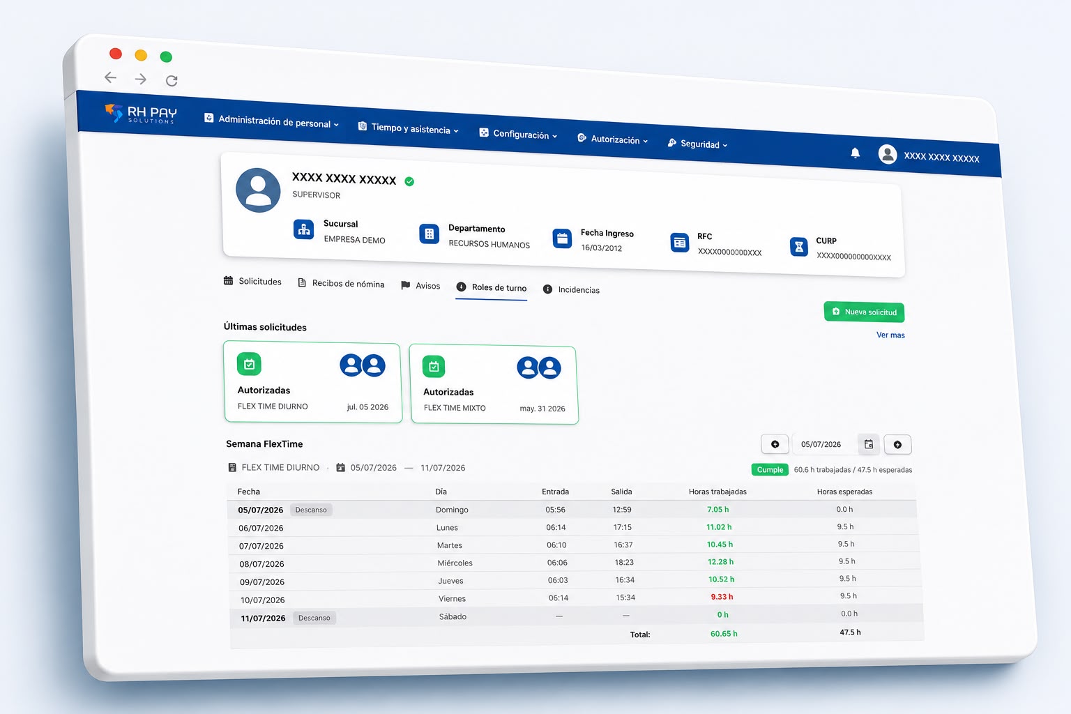 Panel de administración de personal en BioSync Manager mostrando roles de turno y solicitudes
