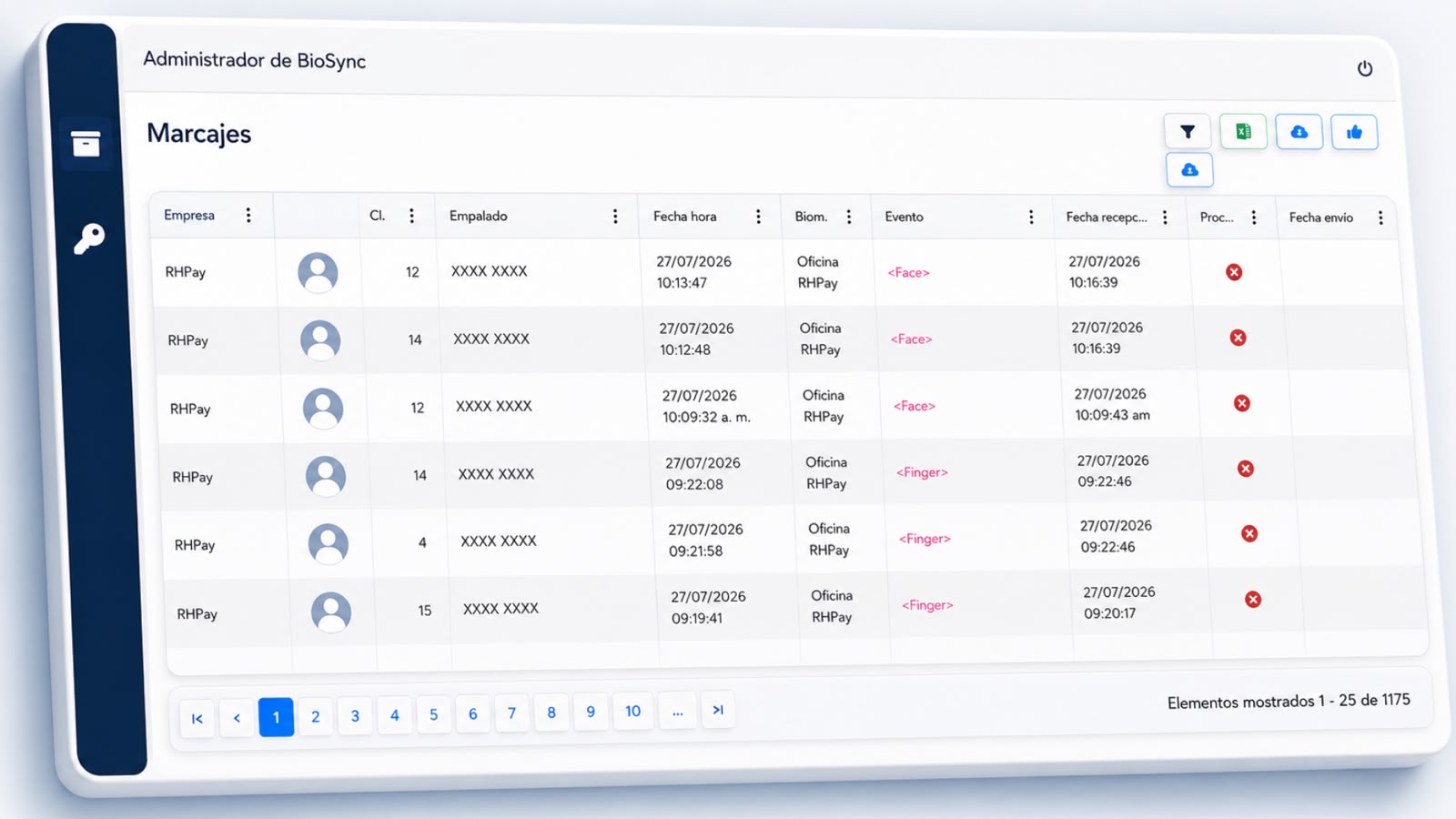 Pantalla de Marcajes en BioSync Manager mostrando eventos de reconocimiento facial y huella