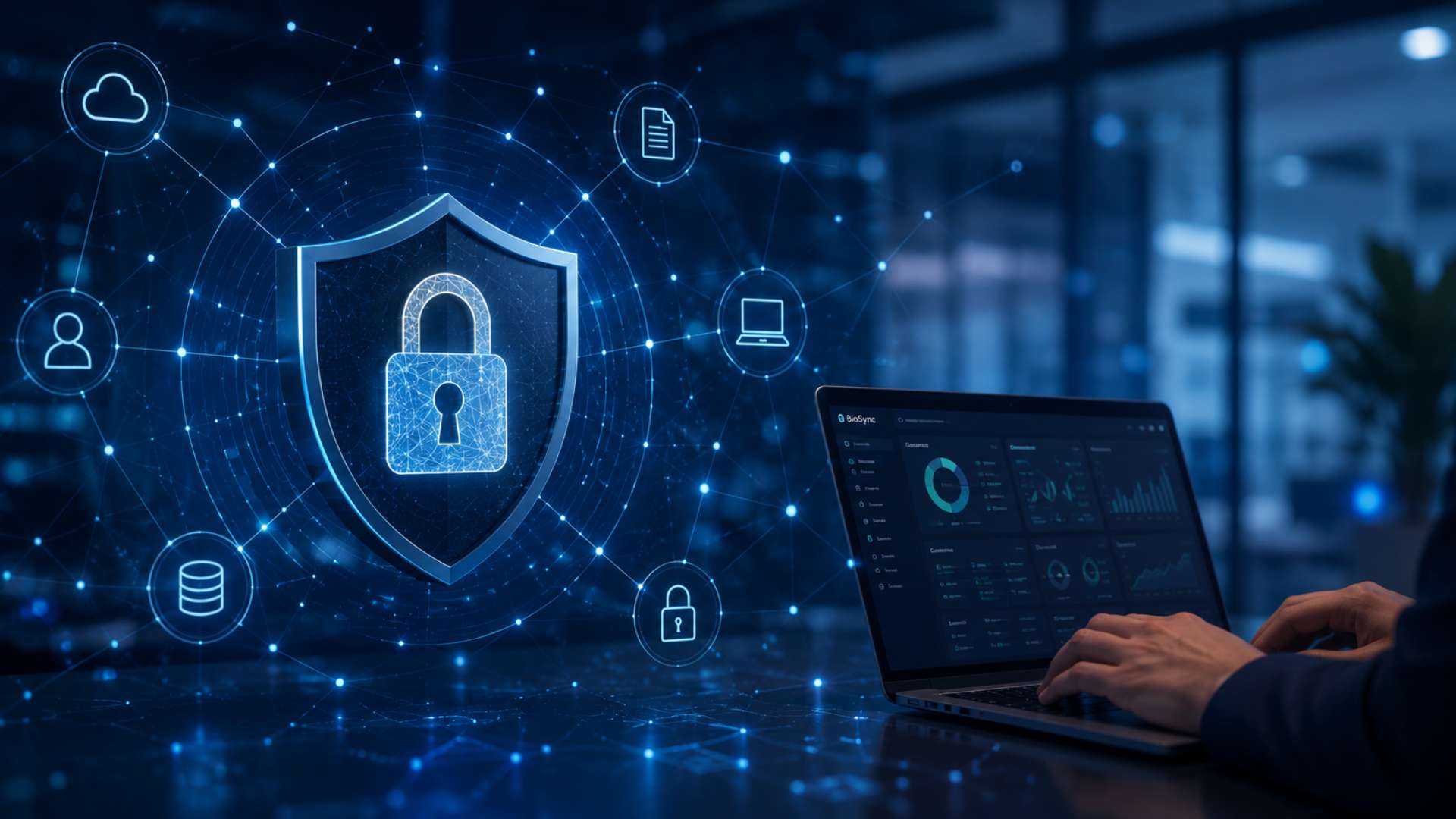 Ilustración de seguridad de datos: escudo, candado e infraestructura cloud protegiendo la plataforma
