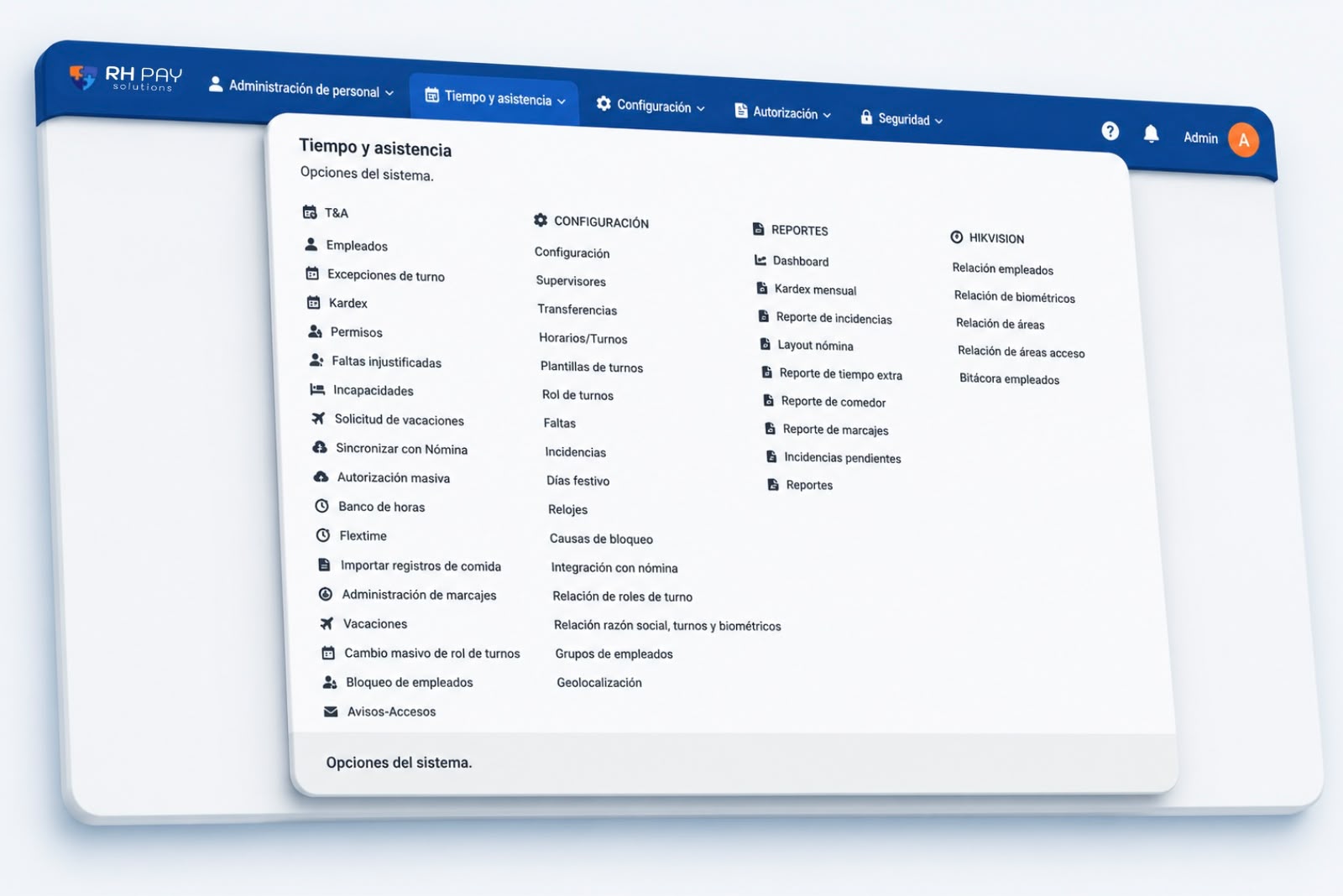 Menú de Tiempo y asistencia en BioSync Manager mostrando marcajes, turnos y reportes